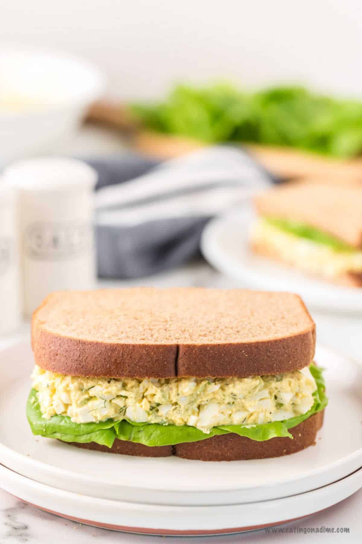 A delicious egg salad sandwich recipe unfolds on a plate, featuring creamy egg salad and crisp lettuce nestled between slices of whole wheat bread. In the softly blurred background, another sandwich awaits beside a classic salt and pepper shaker.