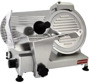 A top-rated meat slicer, this professional tool boasts a sleek stainless steel design with a circular blade, adjustable thickness settings, and a transparent safety guard. Considered one of the best meat slicers, it proudly displays the brand "BESWOOD" on the lower right side.