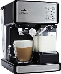 A black and silver espresso machine, hailed among the best budget espresso machines, features a glass mug filled with layered coffee. With buttons, a knob on the front, and an attached milk frothing container, its brand name graces the top.