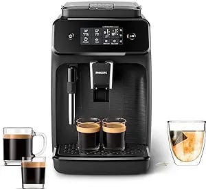 A black espresso machine with a digital display, known as one of the best budget espresso machines, brews two cups of espresso. Nearby, two clear mugs filled with coffee sit beside a glass of tea.