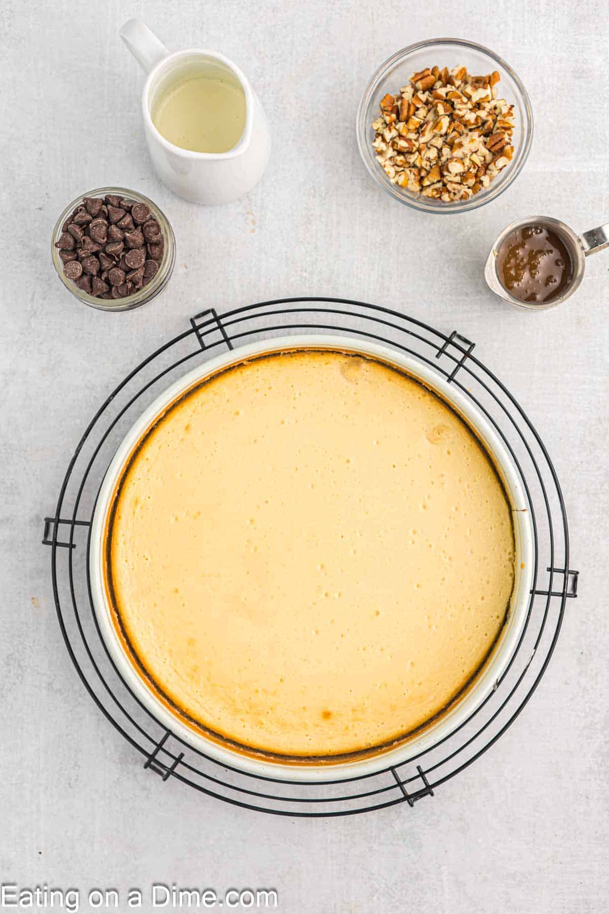 Baked Cheesecake in a pie plate with small bowls of chocolate chips and pecans