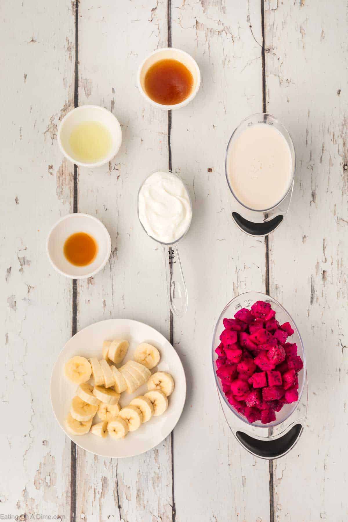 Dragon Fruit Smoothie Ingredients - frozen dragon fruit, banana, coconut milk, yogurt, honey, lime juice, vanilla extract