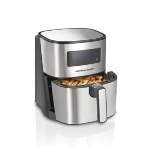 Discover the best air fryer deals with this stainless steel model featuring a sleek digital display. The open basket reveals perfectly cooked fries, while the "Hamilton Beach" brand name assures quality and reliability.