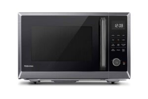 A silver Toshiba microwave with a sleek black front, alongside offering the best air fryer deals online. It features a digital display showing "12:08," various buttons for settings, and a large handle on the right side.