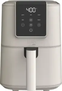 Discover the best air fryer deals with this digital marvel featuring a sleek design and a user-friendly control panel. It displays 400 degrees and offers touch buttons for functions like air fry, bake, roast, broil, and reheat. Its light gray body with black display and front handle is unmissable.