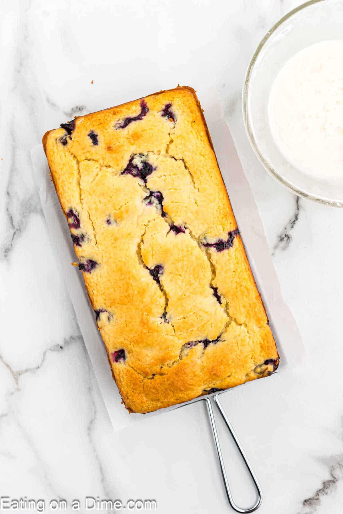 Baked lemon blueberry bread in the bread pan