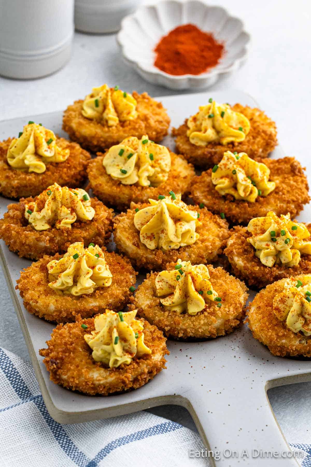 Deep Fried Deviled Eggs on a platter