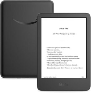 A black e-reader with "BOOK ONE," "The First Navigator of Europe," and "Kenneth Slessor" displayed on the screen makes for an ideal Mother's Day gift. Shown from both front and back, this sleek device comes with branding elegantly positioned at the bottom.