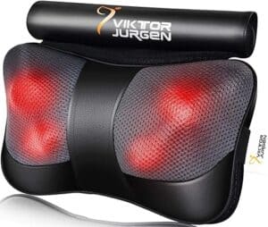 A black electric massage pillow with red heated nodes, perfect for Mother's Day gifts, is shown. The brand name "Viktor Jurgen" graces the attached armrest. With its mesh fabric cover, this pillow is designed for ultimate relaxation and comfort.