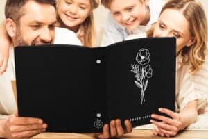 A family of four, including two adults and two children, is happily looking at a black photo album with a floral design on the cover—a perfect choice for Mother's Day gifts. They are gathered closely together, smiling and enjoying the moment.