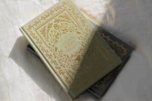 Two elegant hardcover books with intricate golden floral designs are stacked on a white surface. Sunlight casts soft shadows across the covers, creating a warm and inviting atmosphere—perfect as thoughtful Mother's Day gifts for someone special.