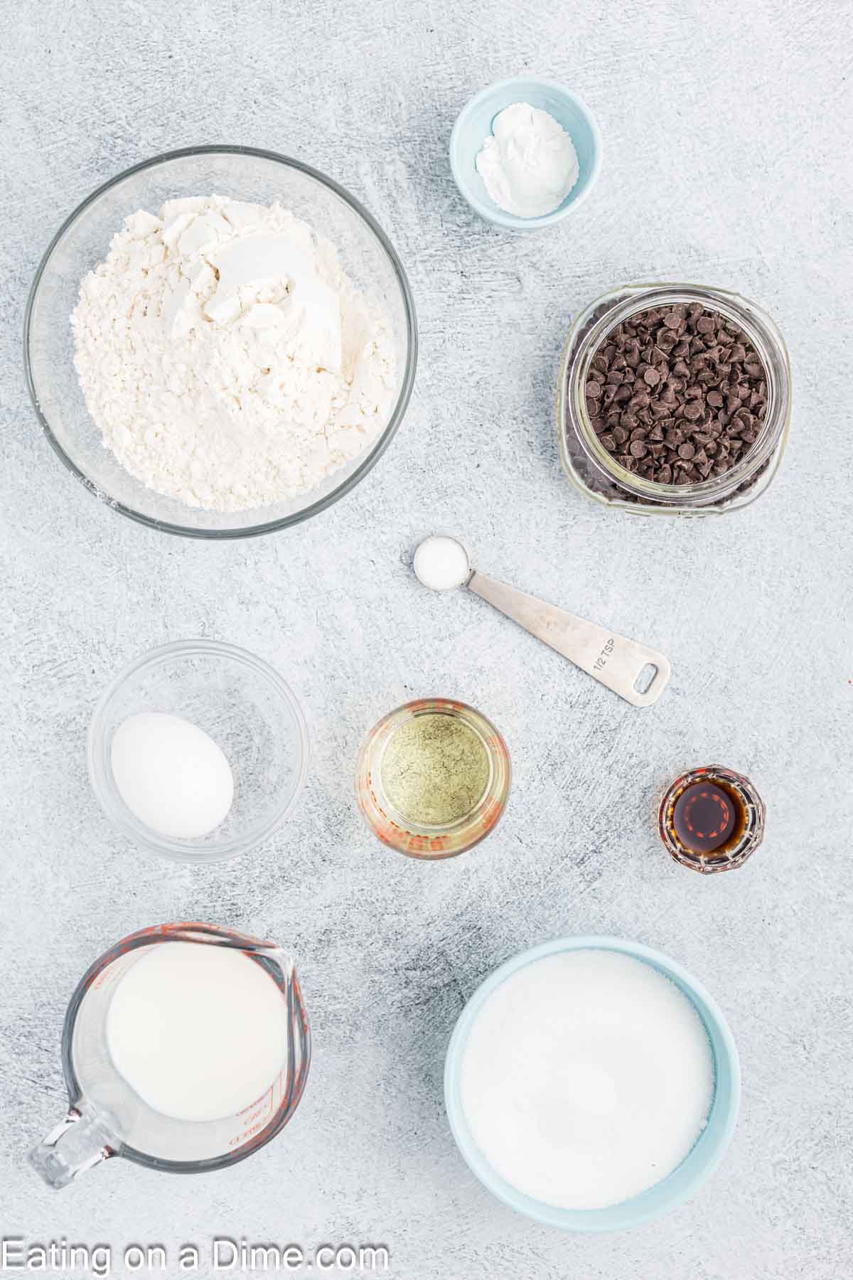 Ingredients - flour, sugar, baking powder, salt, oil, egg, vanilla, milk, chocolate chips