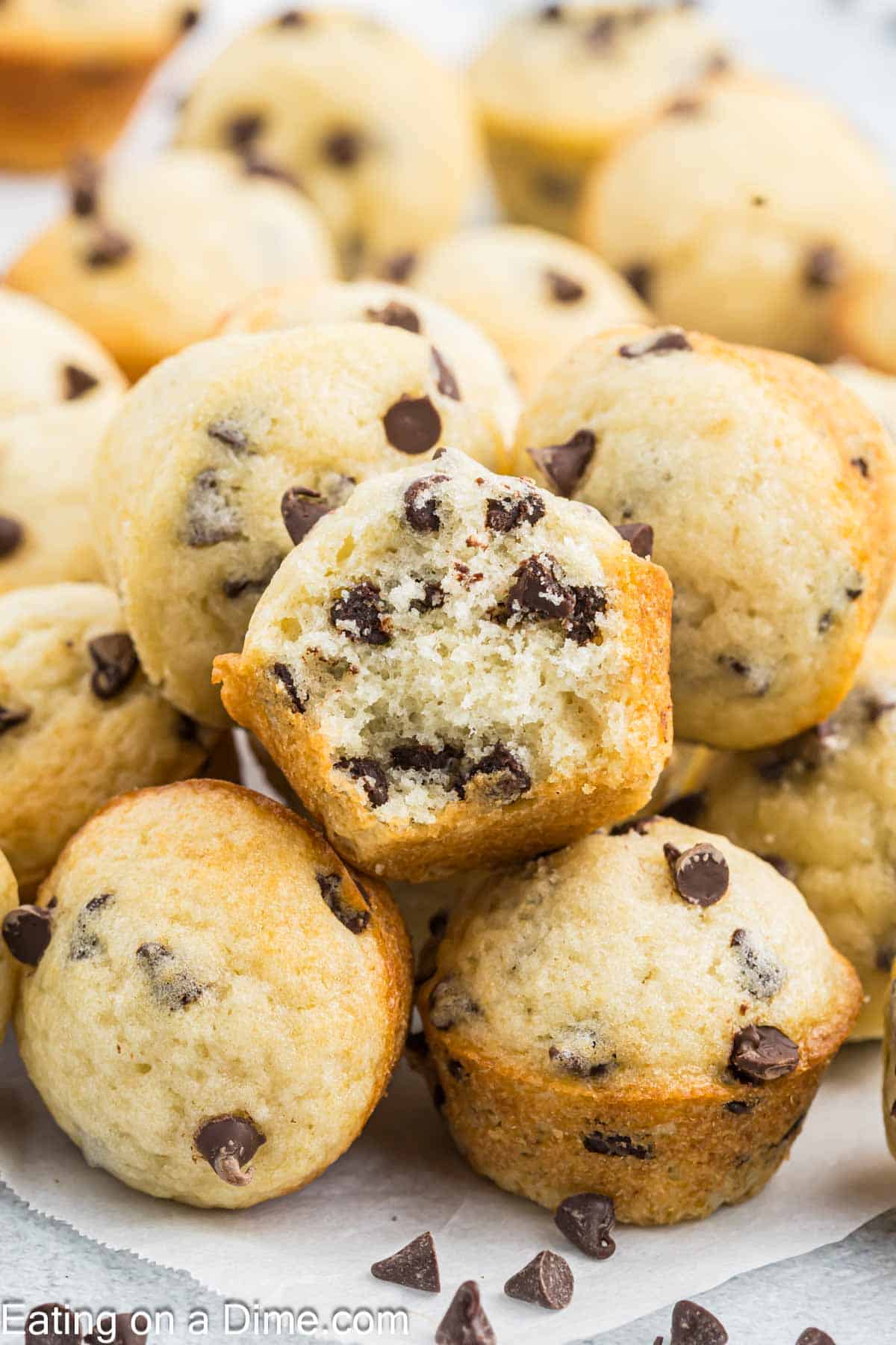 Chocolate Chip Mini Muffins stacked on plate