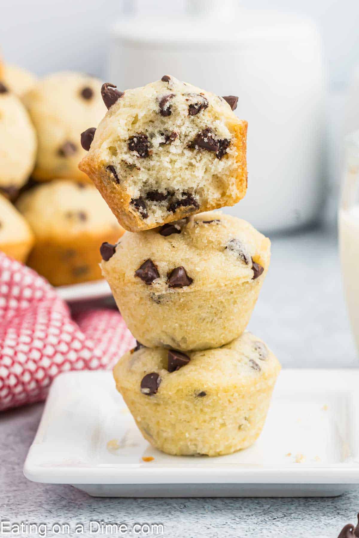 3 Mini chocolate chip muffins stacked on top of each other