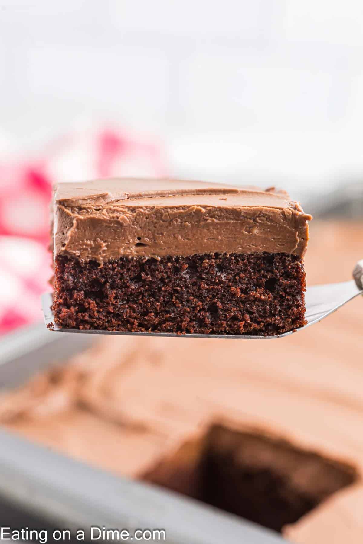 Slice of Chocolate Cake topped with frosting on a spatula