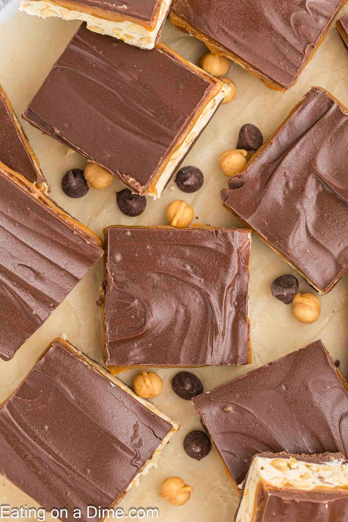 Homemade Snickers cut into squares