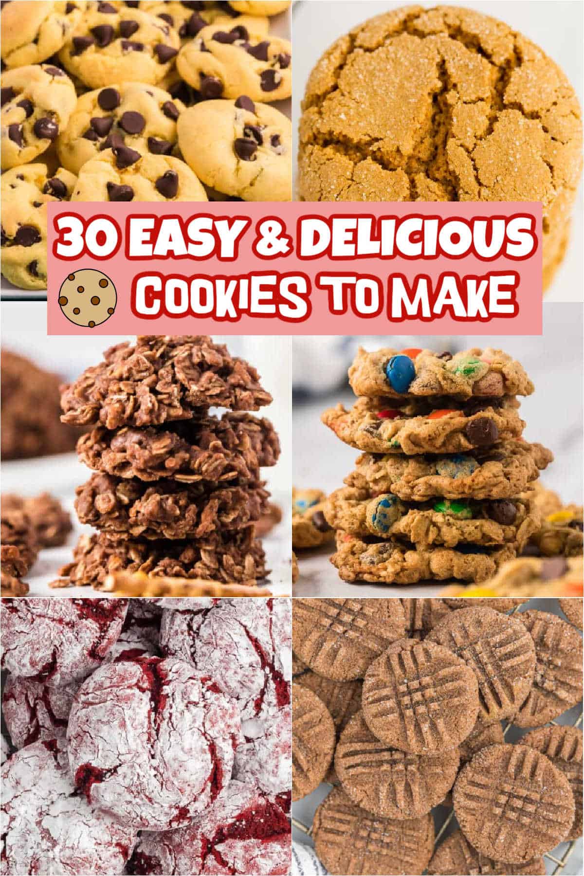 Small images of chocolate chip cookies, snickerdoodle cookies, no bake cookies, monster cookies, red velvet cookies, chocolate peanut butter cookies