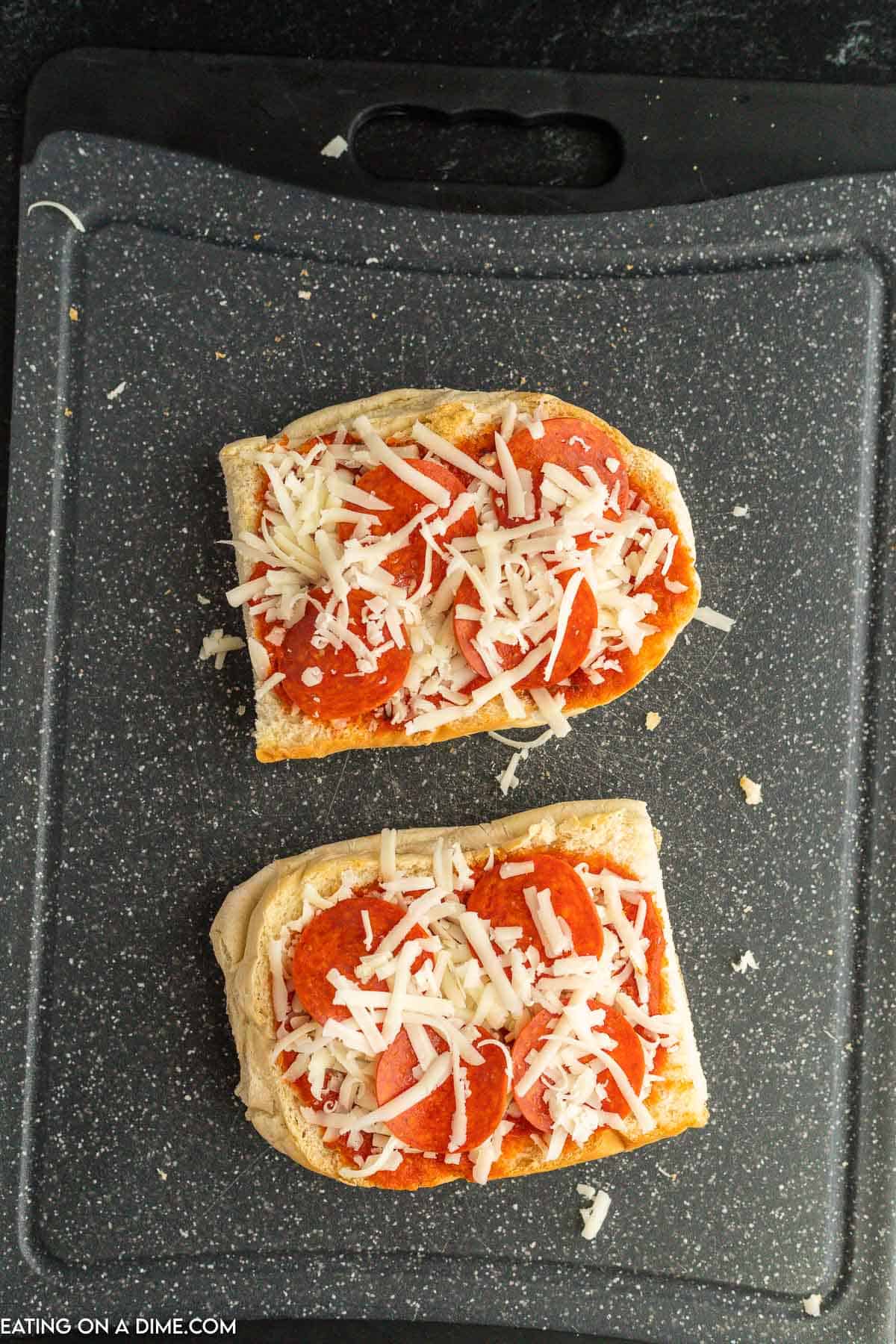 French Bread topped with pizza sauce, shredded cheese and pepperoni