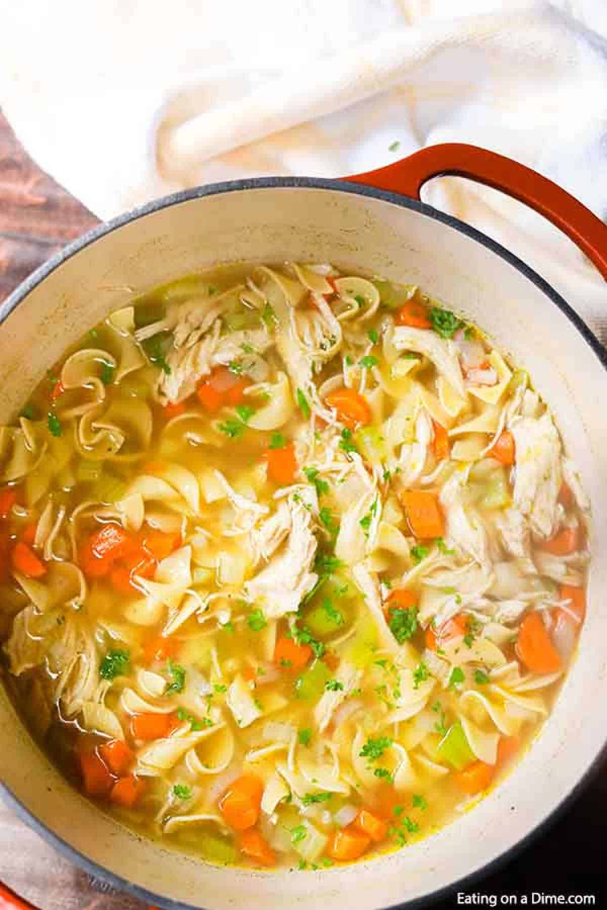 Chicken noodle soup in a large pot