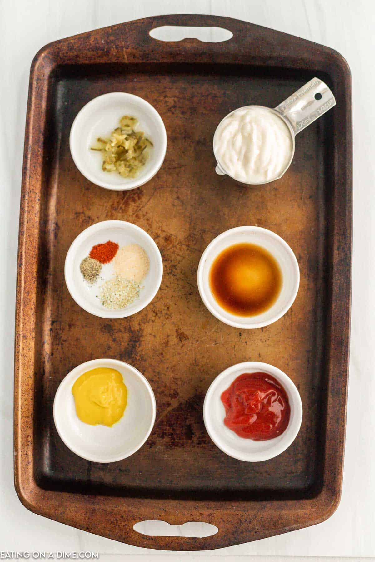 Ingredients - Mayonnaise, ketchup, mustard, dill pickle relish, Worcestershire Sauce, garlic salt, onion powder, pepper, smoked paprika