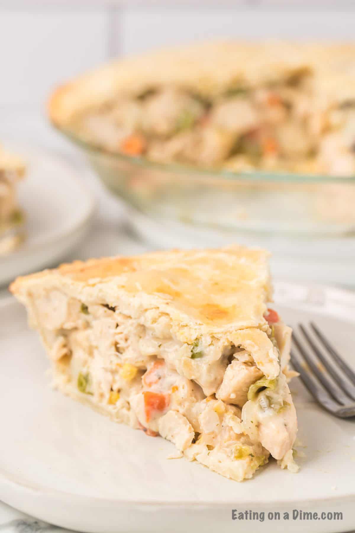 Slice of chicken pot pie on a plate