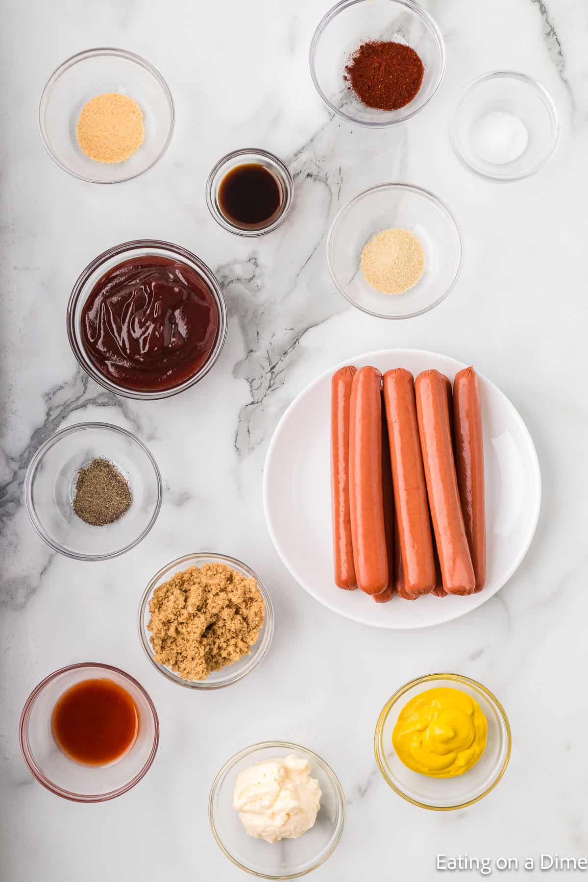 Ingredients - Hot dogs, yellow mustard, mayonnaise, smoked paprika, garlic powder, onion powder, salt, pepper, BBQ sauce, brown sugar, worcestershire sauce, hot sauce