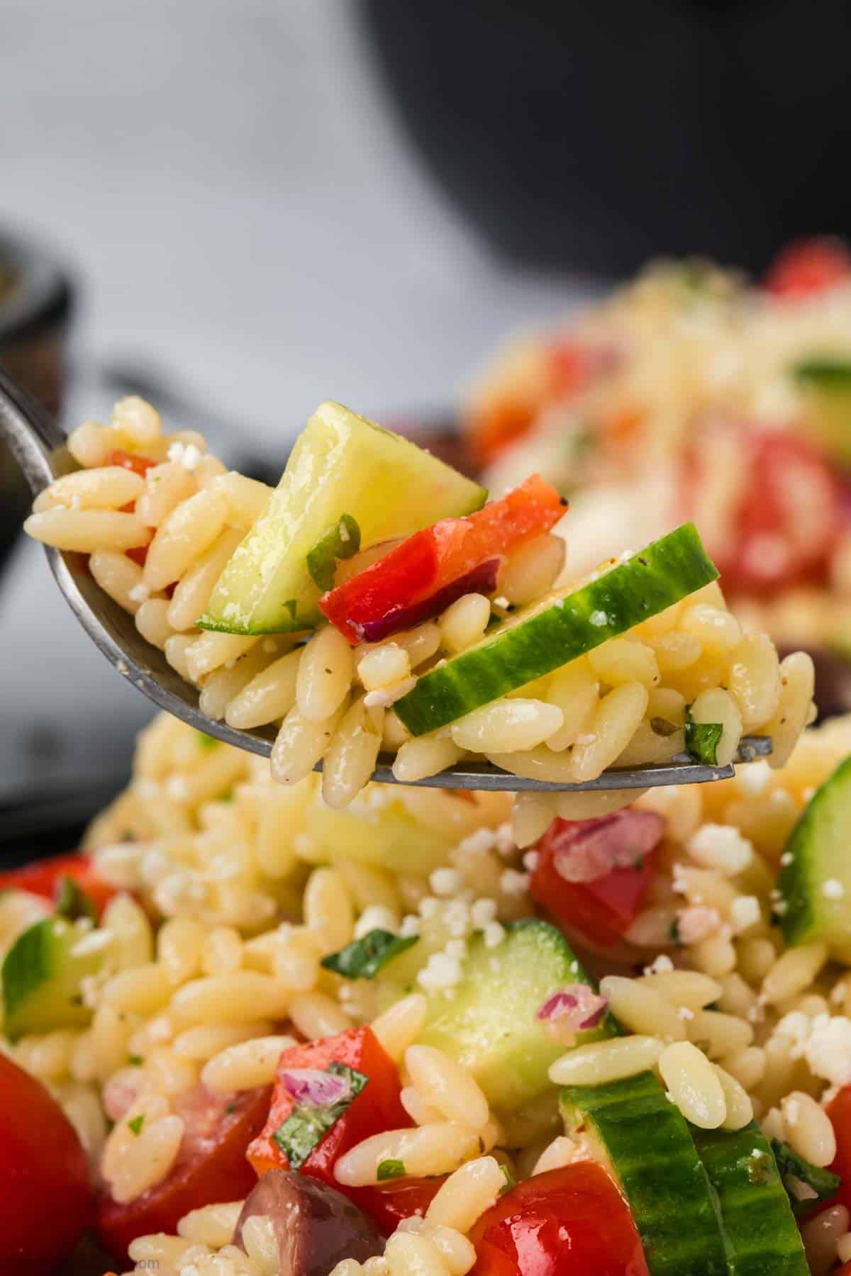 A close-up of a fork holding a bite of Mediterranean orzo salad, featuring orzo pasta, diced cucumbers, red bell peppers, cherry tomatoes, red onions, and herbs. The background reveals a bowl filled with the same vibrant salad.