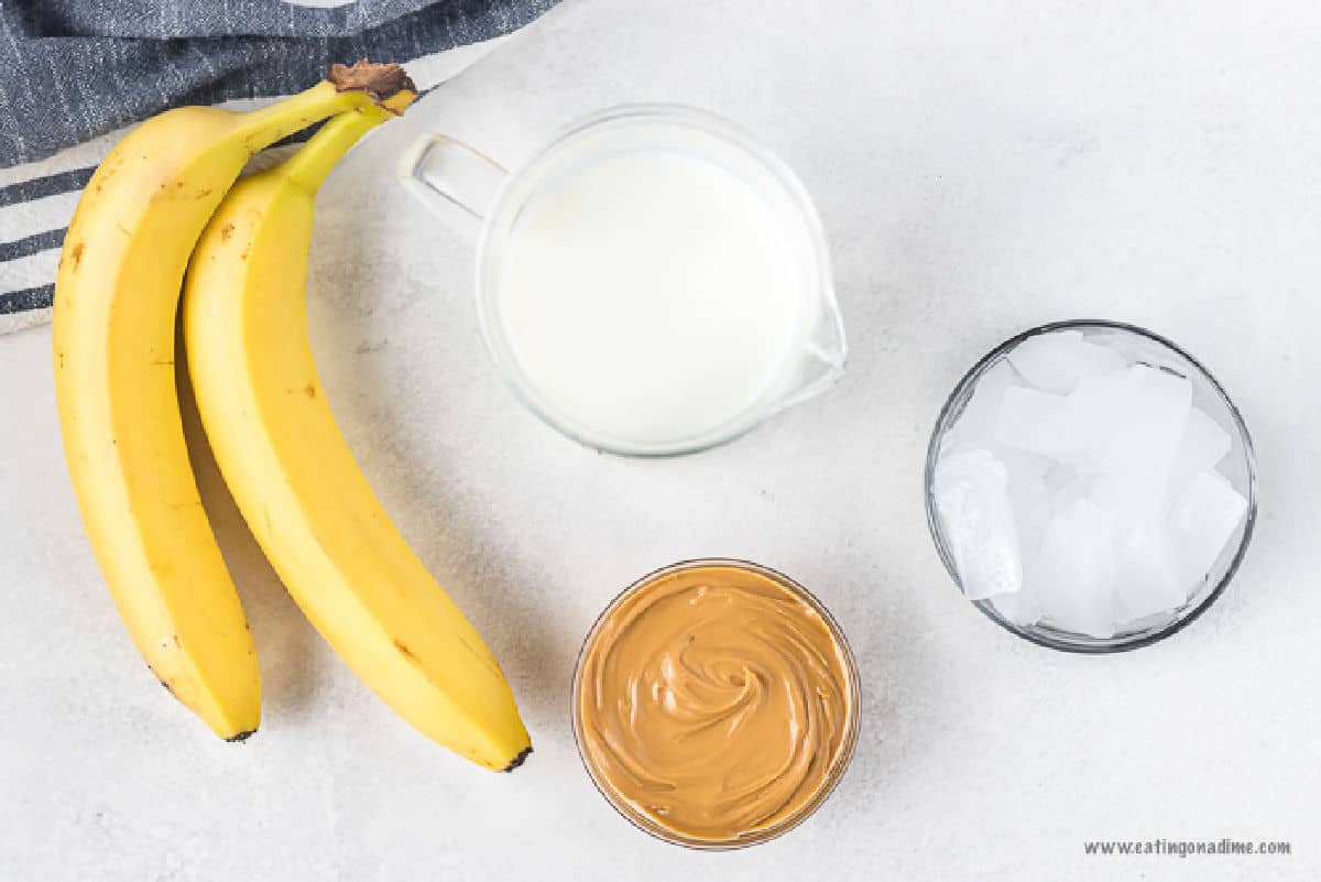Ingredients - banana, milk, ice, and peanut butter