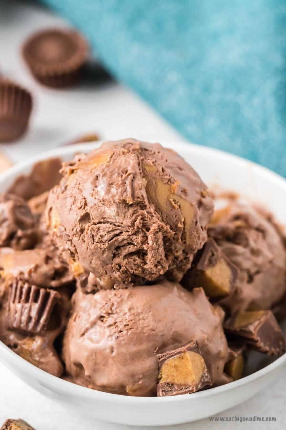 Chocolate peanut butter ice cream scoops in a white bowl