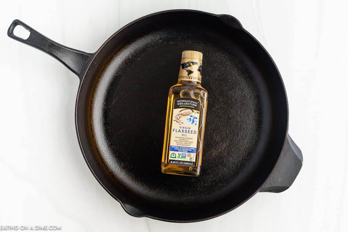 Flaxseed oil in a cast iron skillet
