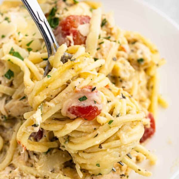 square image of chicken spaghetti on a forrk