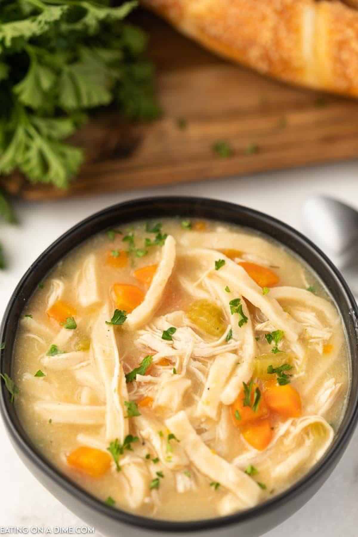 Close up image of chicken noodle soup in a black crockpot bowl. 