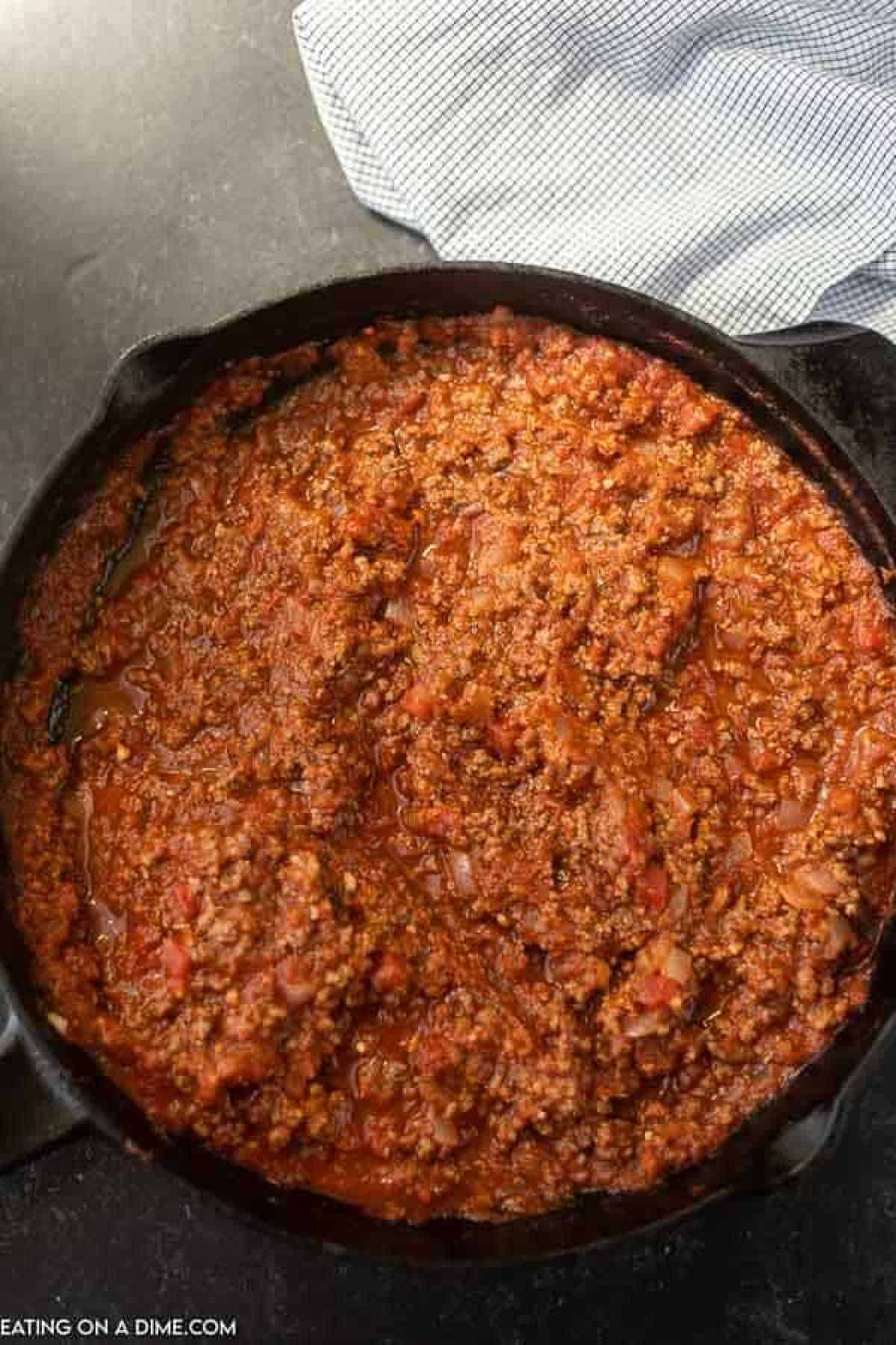 Meat sauce in a large cast iron skillet