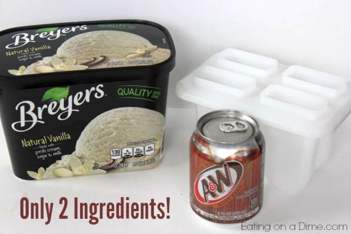 Carton of Ice Cream and can of Root Beer with popsicle molds