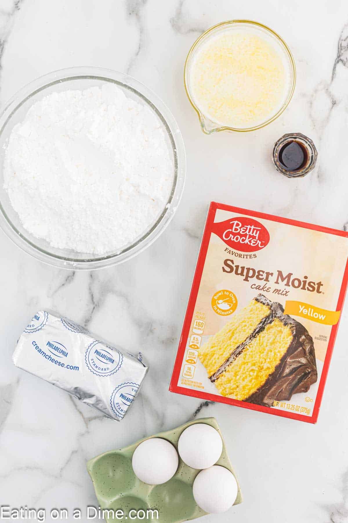 Ingredients - Yellow Cake Mix, egg, butter, cream cheese, vanilla extract, powdered sugar