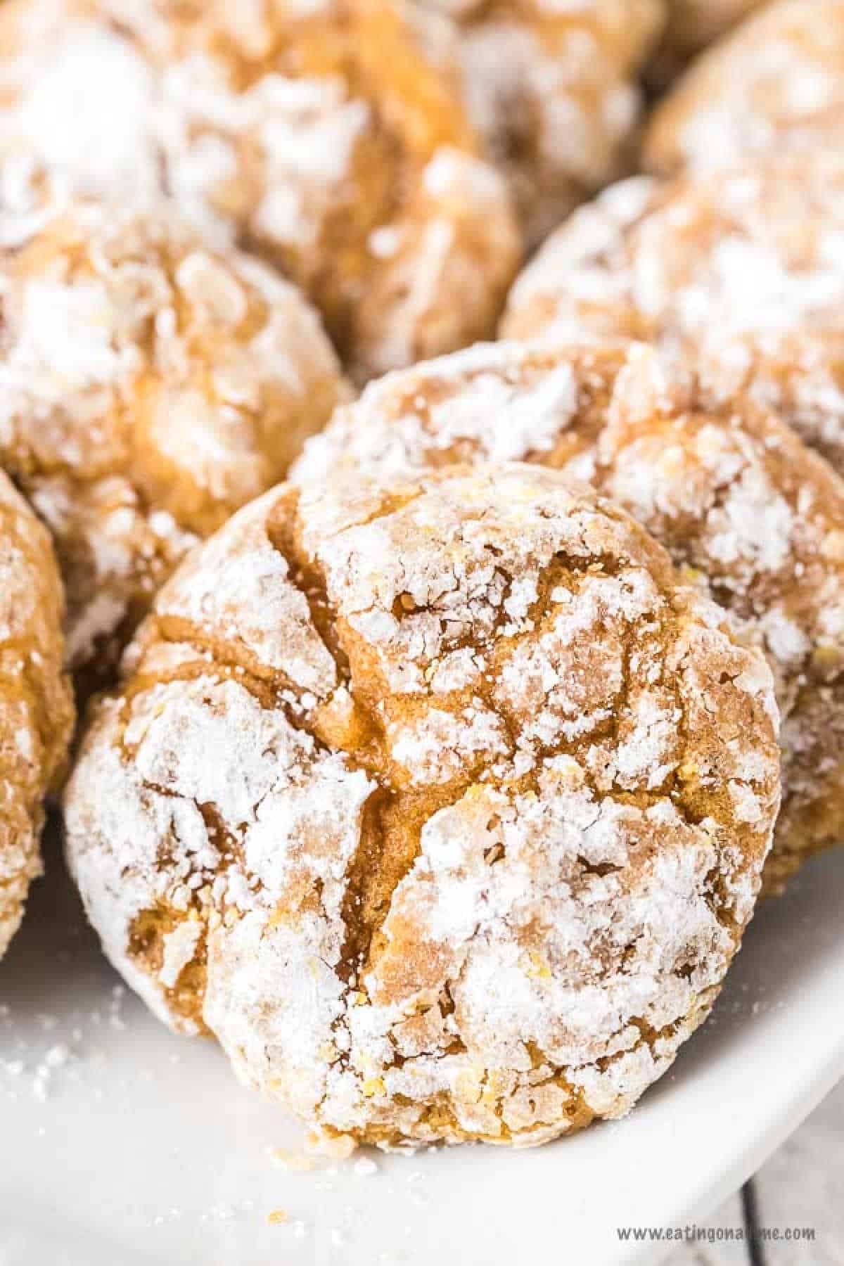 Pumpkin Cookies with a powdered sugar texture on a white platter