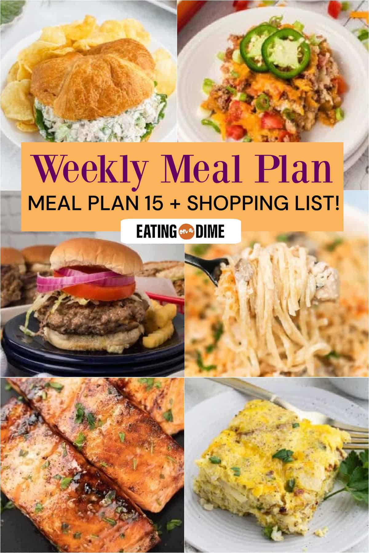 Picture of the meals from this week's meal plan: The Best Chicken Salad, Keto Taco Casserole, Crack Burgers, Chicken Spaghetti Casserole, Honey Glazed Salmon, and Breakfast Casserole with Bacon.