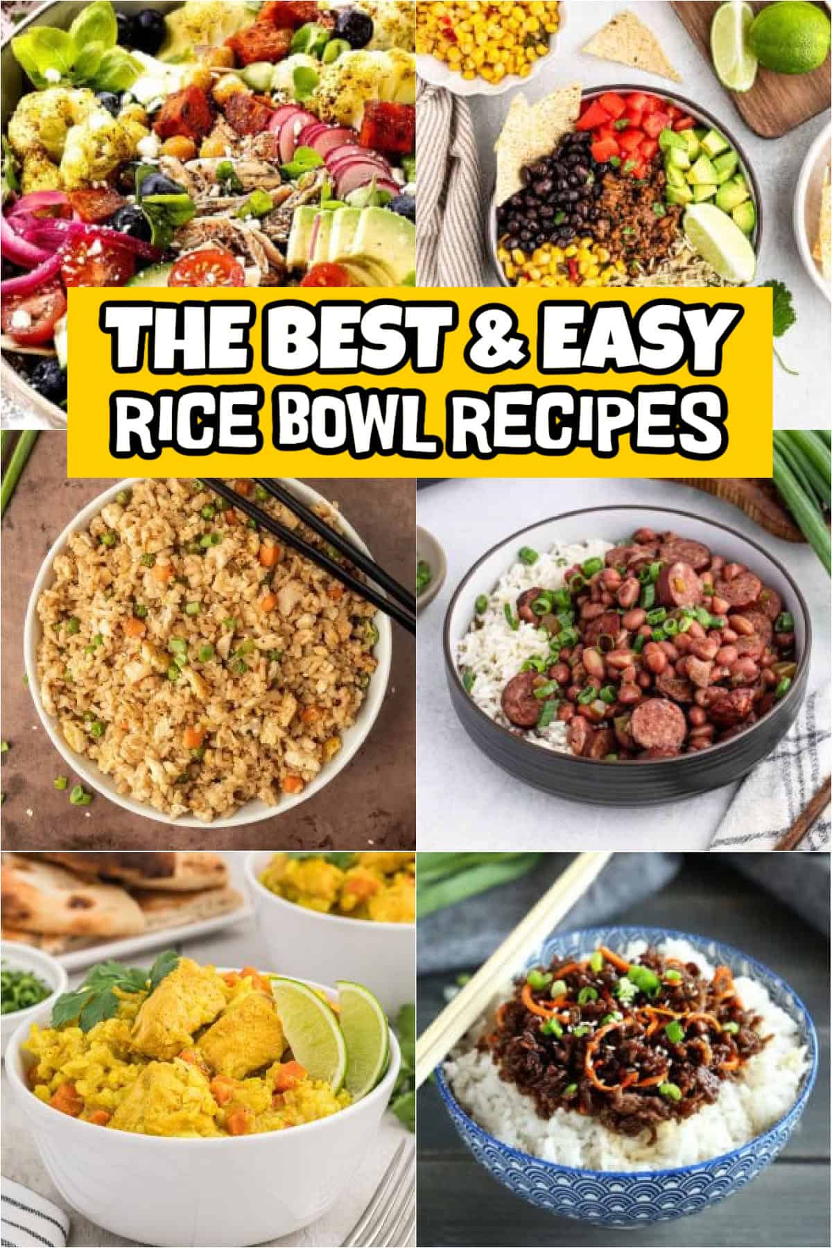 Small picture images of a bowl of black beans, diced tomatoes, avocado, corn ground beef and rice, a bowl of fried rice, a bowl of red bens, sausage and white rice, white of chicken curry and rice and white rice topped with shredded beef