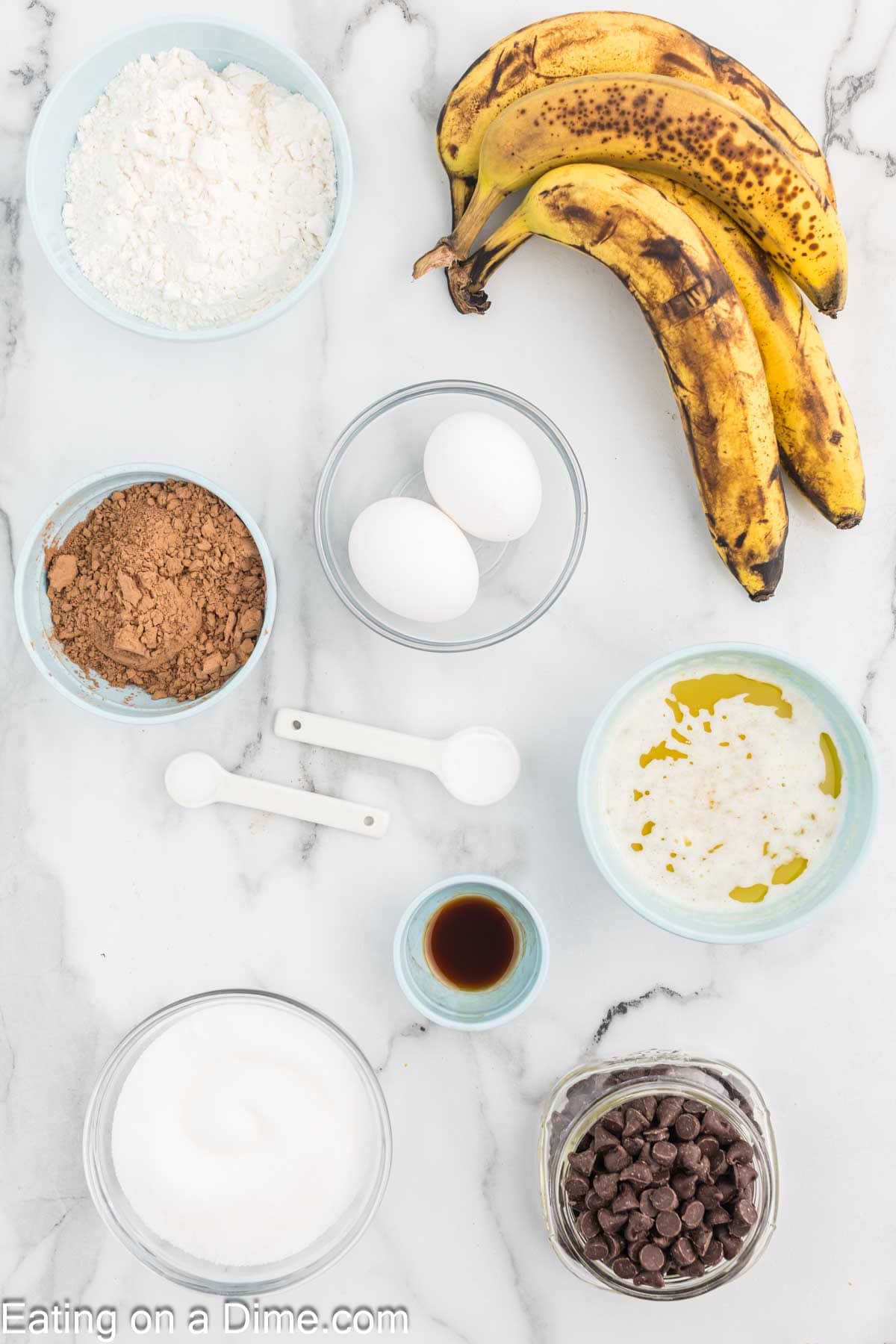 Ingredients - Flour, cocoa powder, baking soda, salt, bananas, butter, eggs, sugar, vanilla extract, chocolate chips