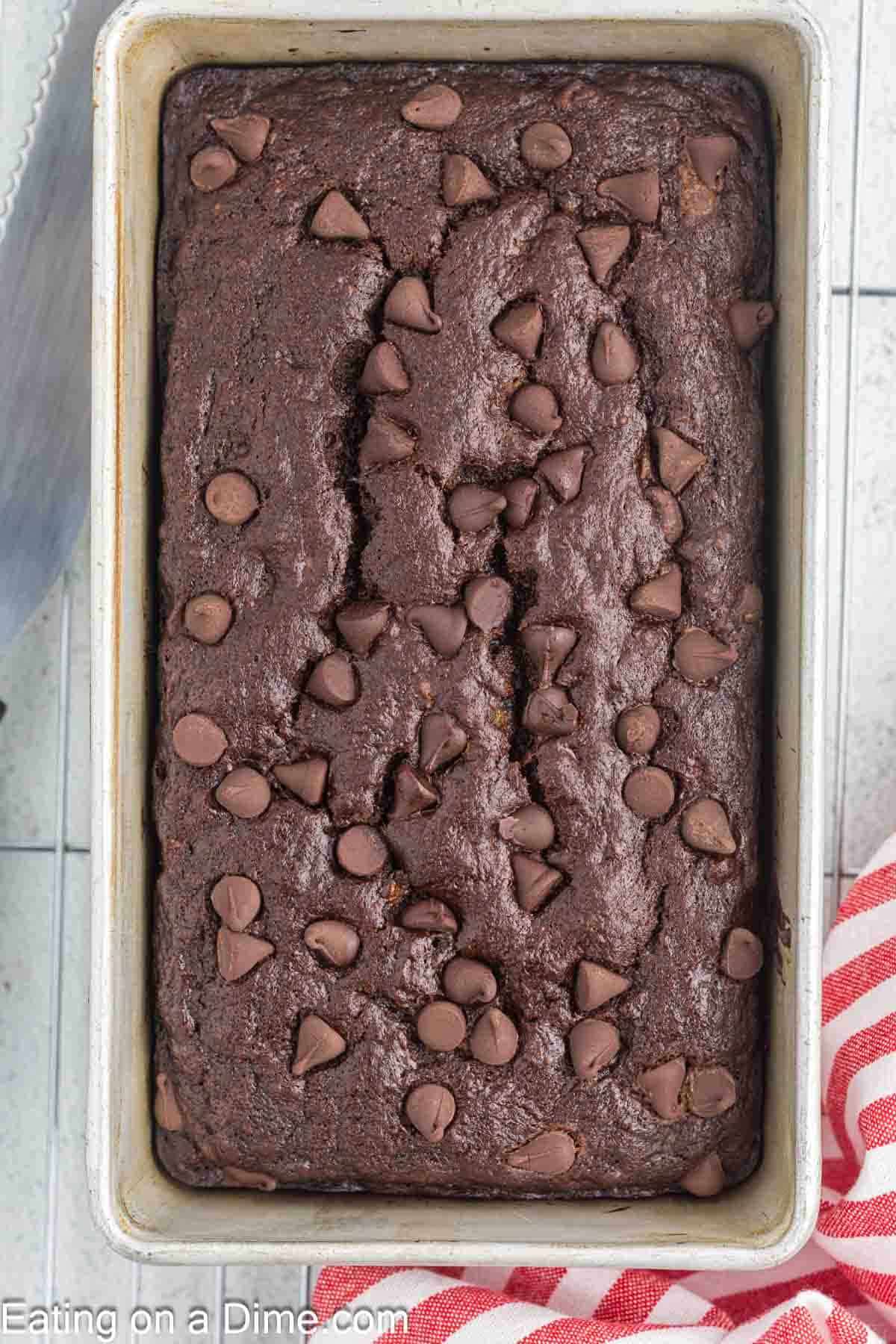 Baked Chocolate Banana Bread in a loaf pan 