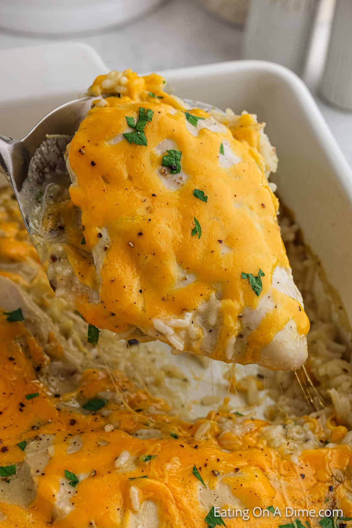 Cooked chicken breast topped with melted cheddar cheese with cooked chicken and rice in baking dish 