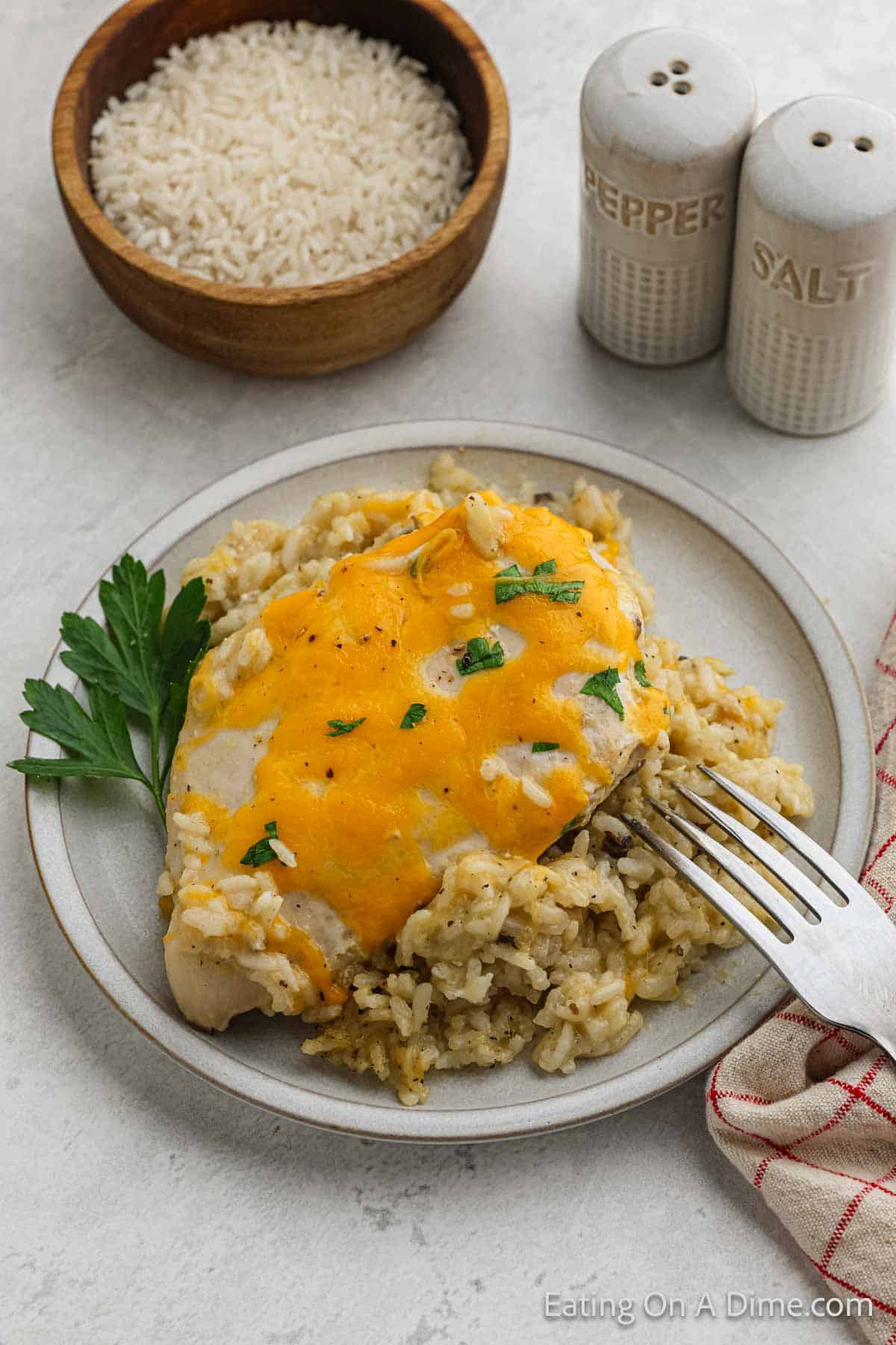 Chicken breast with cooked rice topped with melted cheese on a plate