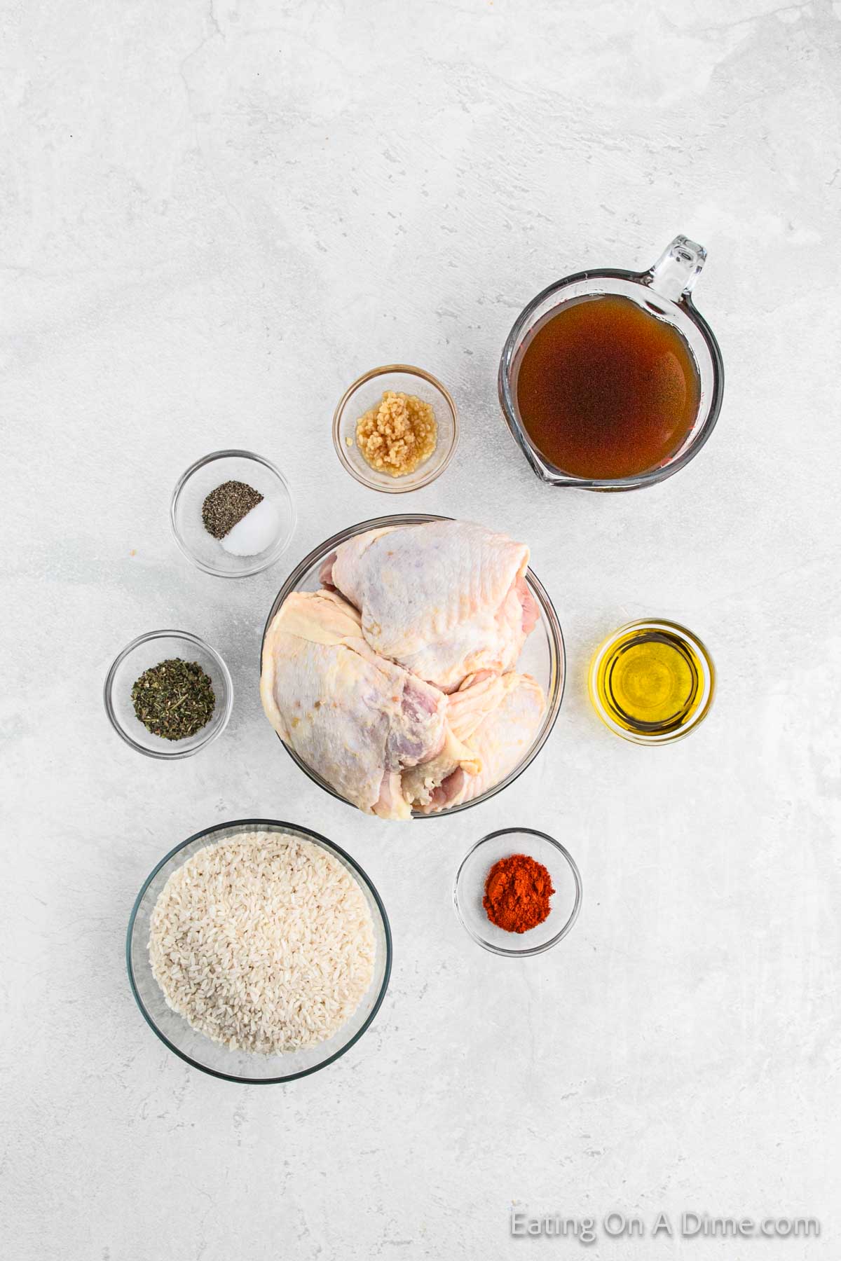 Ingredients - Chicken Thighs, olive oil, salt, pepper, paprika, rice, chicken broth, minced garlic, Italian Seasoning