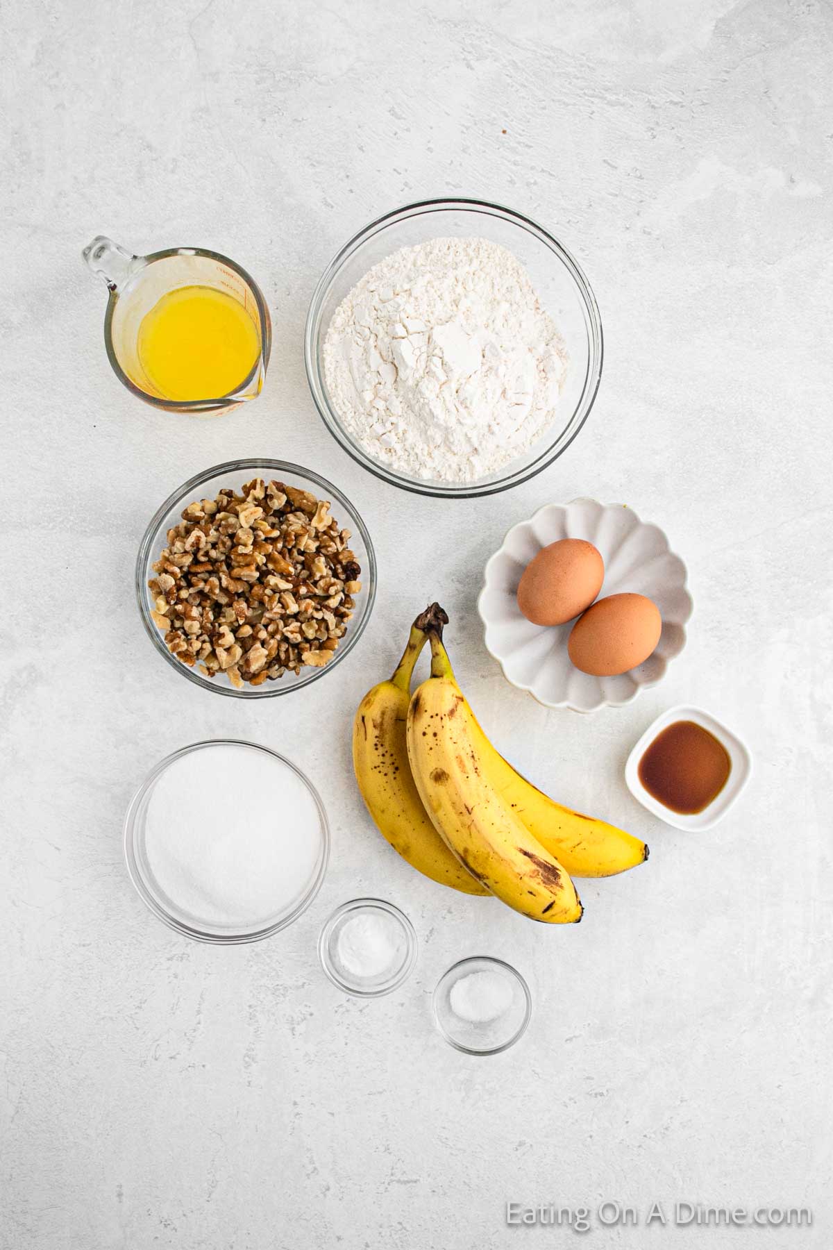 Ingredients - Ripe Bananas, flour, butter, sugar, eggs, vanilla extract, baking soda, salt, walnuts