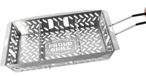 The best grill baskets include this stainless steel option, featuring a perforated design with "Proud Grill" etched in the center. It boasts a long handle for easy gripping and is smartly divided into three sections to cook multiple items effortlessly.