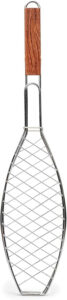 The best grill baskets are those like this fish-shaped wire grill basket with a wooden handle, perfect for grilling fish. Its silver, elongated metal grid ensures even cooking over an open flame.