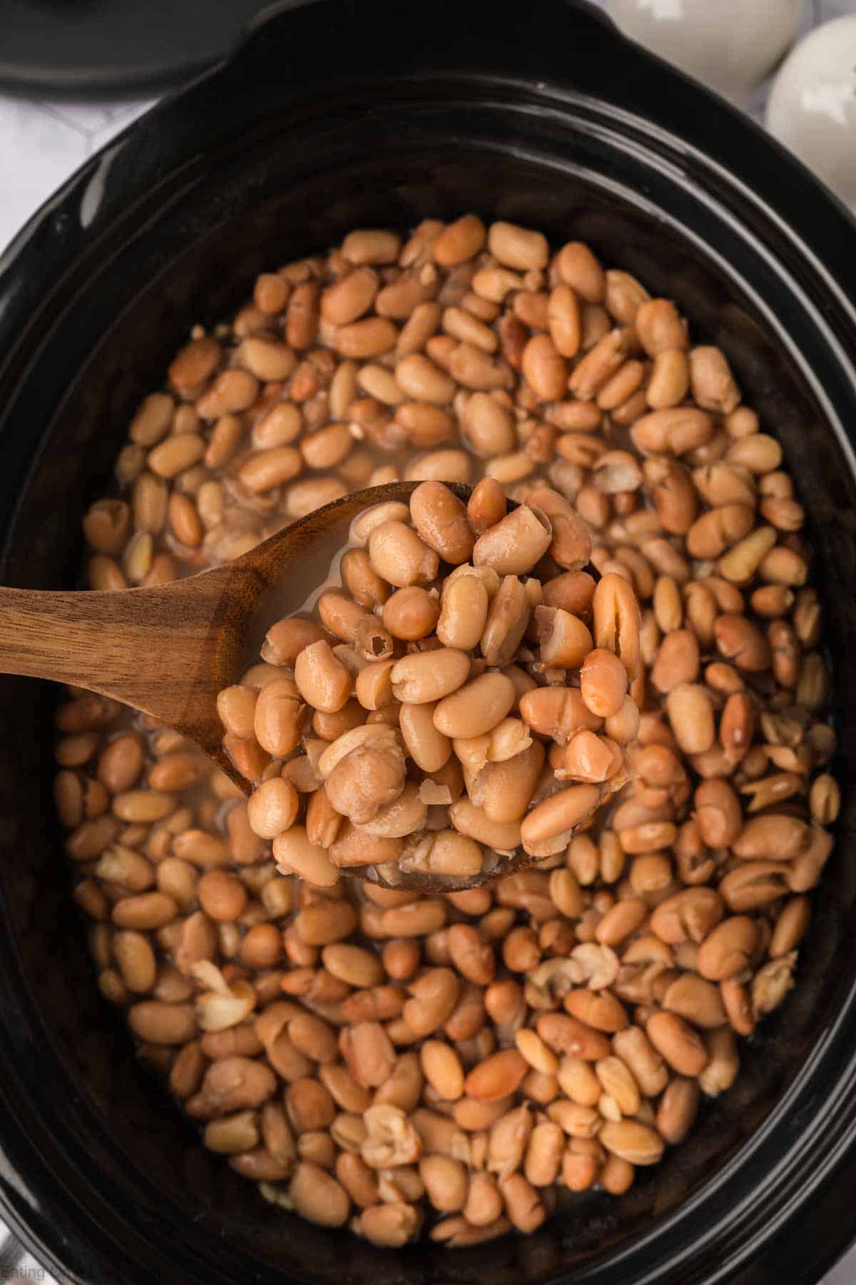 Brown Beans in the slow cooker with a serving on a wooden spoon