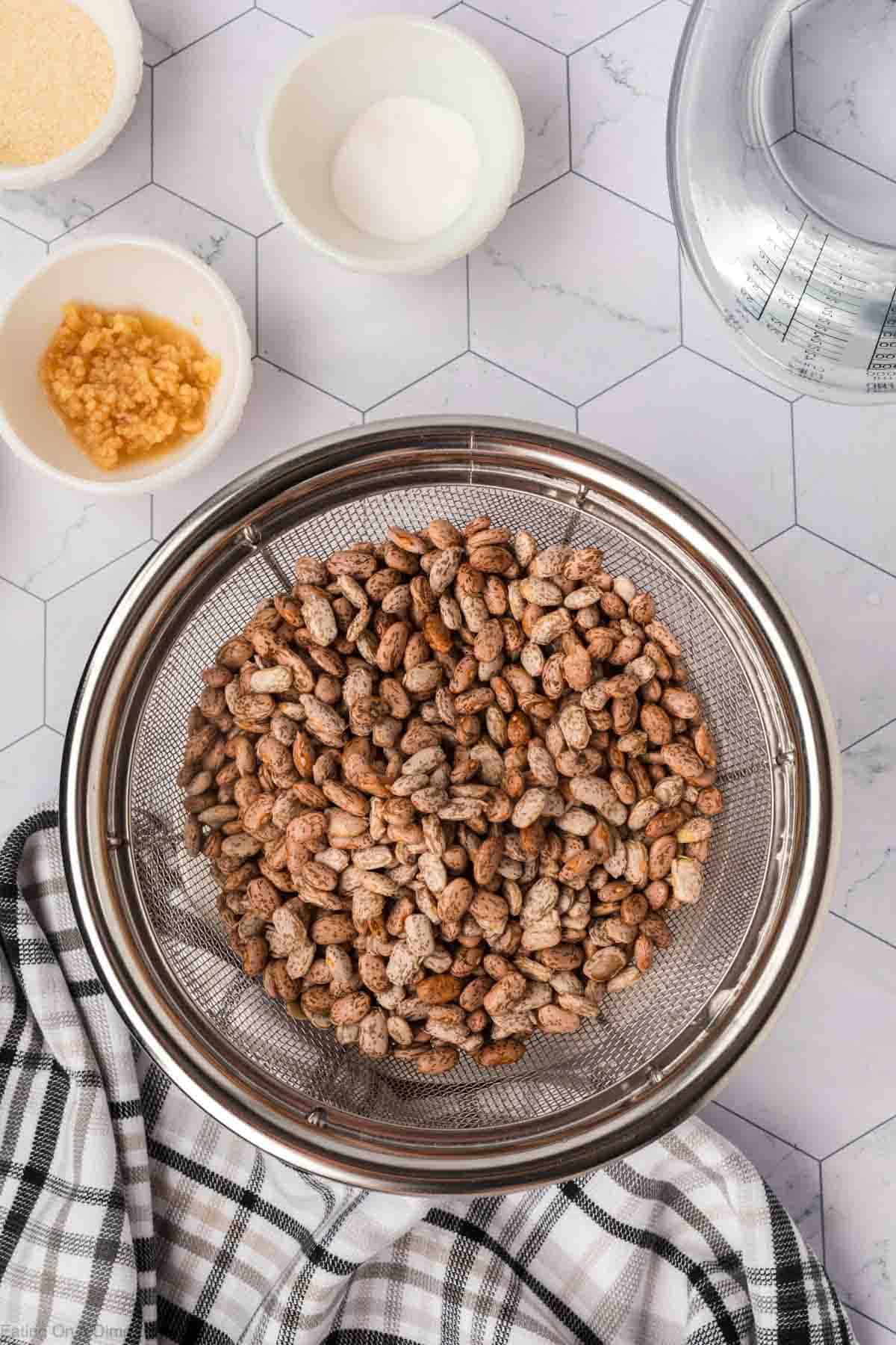 Dry beans in a colander with small bowls of minced garlic and onion powder