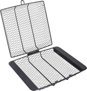 Discover one of the best grill baskets with an open, hinged design featuring two metal mesh panels. This black basket is perfect for grilling various food items and offers convenient handles on either side for easy maneuvering while you cook.