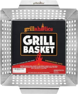 The Grillaholics Grill Basket, one of the best grill baskets available, features a sturdy square design with perforated metal sides. Its flame graphic and "Dishwasher Safe" label make it perfect for grilling vegetables or meat effortlessly.